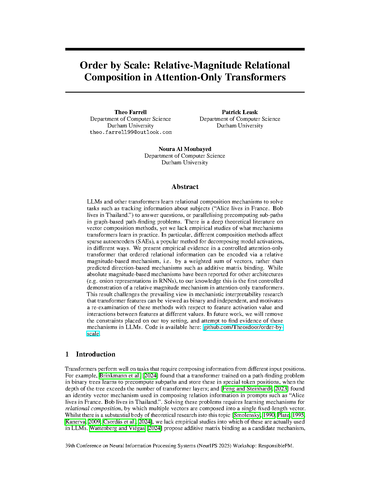 Order by Scale: Relative-Magnitude Relational Composition in Attention-Only Transformers